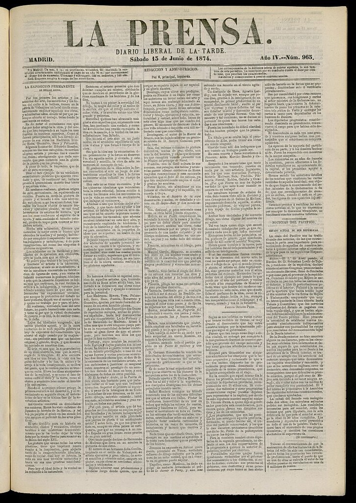 Miniatura de La Prensa : diario de la mañana : político, literario y de noticias del 13 de junio de 1874, nº 965