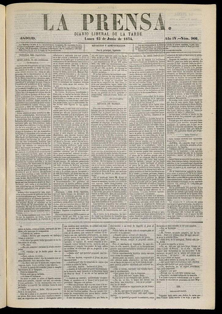 Miniatura de La Prensa : diario de la mañana : político, literario y de noticias del 15 de junio de 1874, nº 966