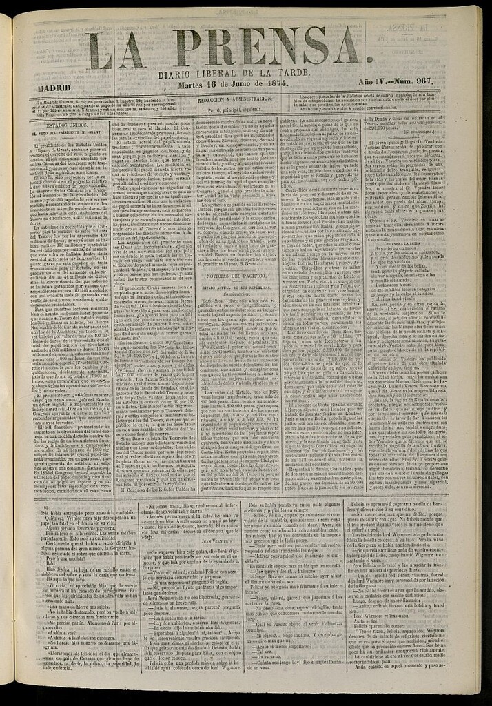 Miniatura de La Prensa : diario de la mañana : político, literario y de noticias del 16 de junio de 1874, nº 967