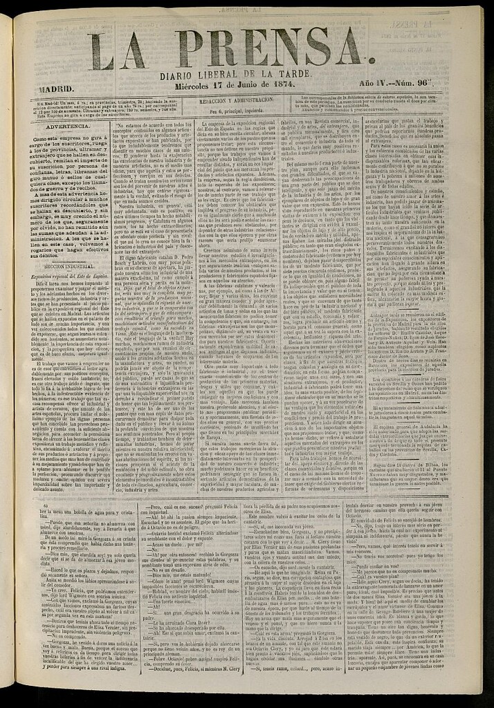 Miniatura de La Prensa : diario de la mañana : político, literario y de noticias del 17 de junio de 1874, nº 96 [sic]