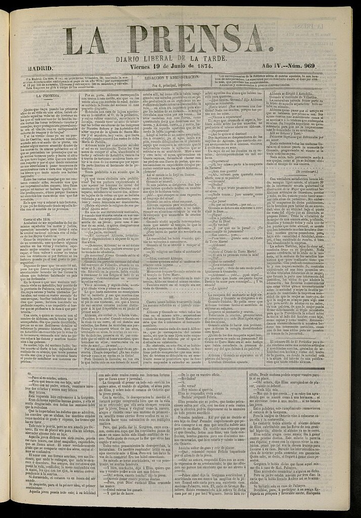Miniatura de La Prensa : diario de la mañana : político, literario y de noticias del 19 de junio de 1874, nº 969