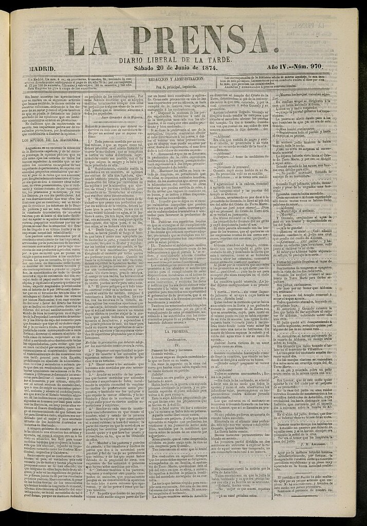 Miniatura de La Prensa : diario de la mañana : político, literario y de noticias del 20 de junio de 1874, nº 970
