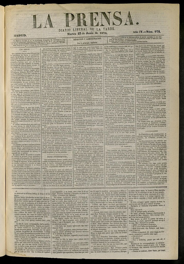 Miniatura de La Prensa : diario de la mañana : político, literario y de noticias del 23 de junio de 1874, nº 972