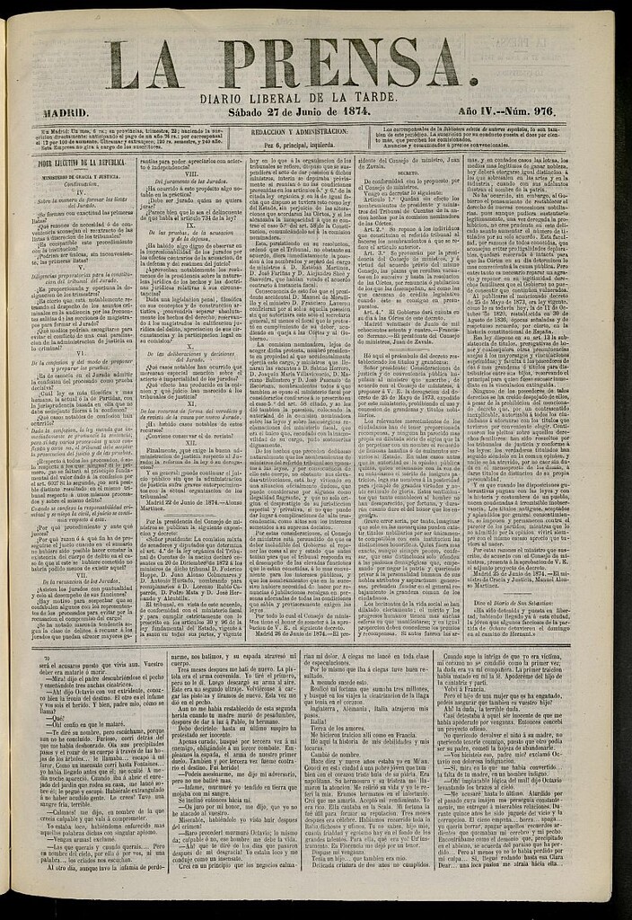 Miniatura de La Prensa : diario de la mañana : político, literario y de noticias del 27 de junio de 1874, nº 976