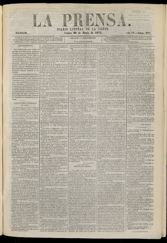 Miniatura de La Prensa : diario de la mañana : político, literario y de noticias del 29 de junio de 1874, nº 977