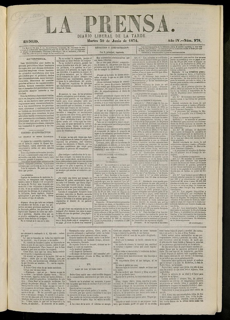Miniatura de La Prensa : diario de la mañana : político, literario y de noticias del 30 de junio de 1874, nº 978