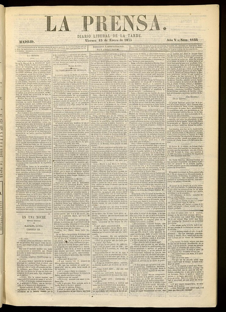Miniatura de La Prensa : diario de la mañana : político, literario y de noticias del 15 de enero de 1875, nº 1155