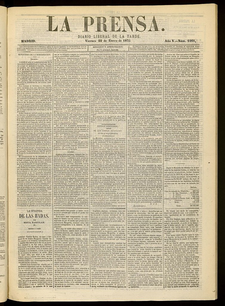 Miniatura de La Prensa : diario de la mañana : político, literario y de noticias del 22 de enero de 1875, nº 1161