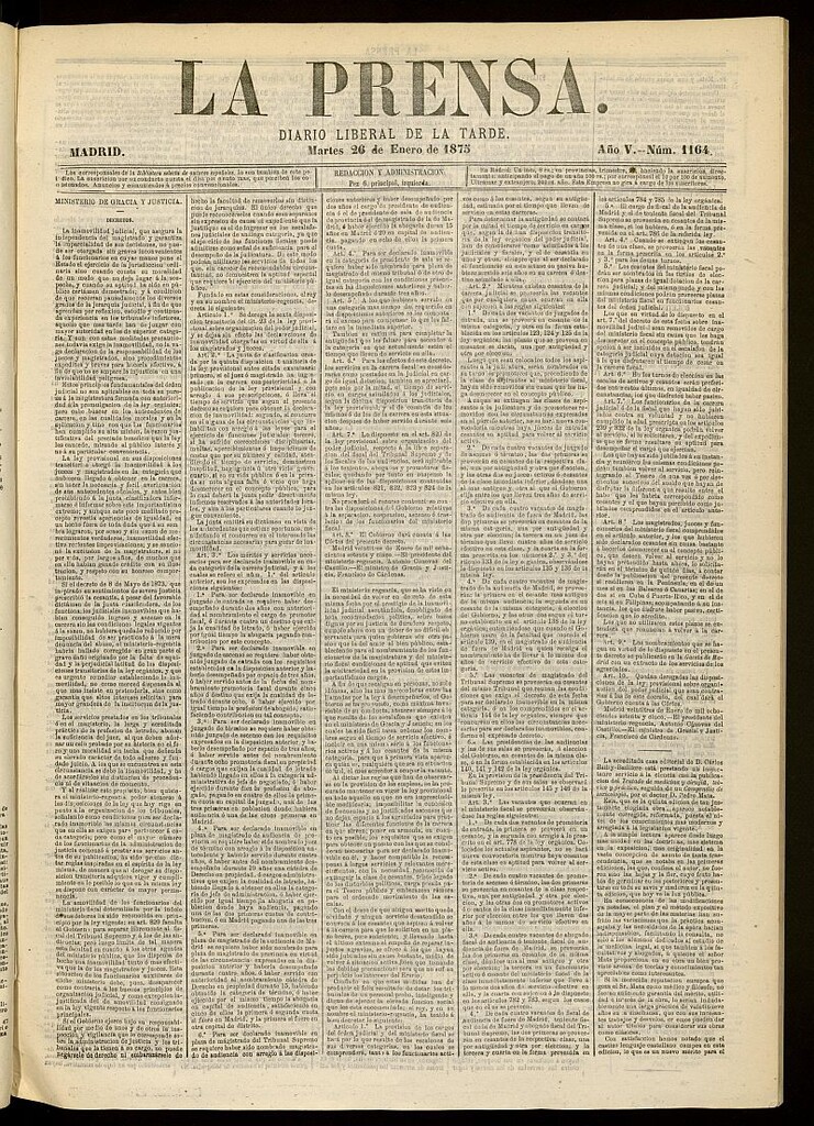 Miniatura de La Prensa : diario de la mañana : político, literario y de noticias del 26 de enero de 1875, nº 1164