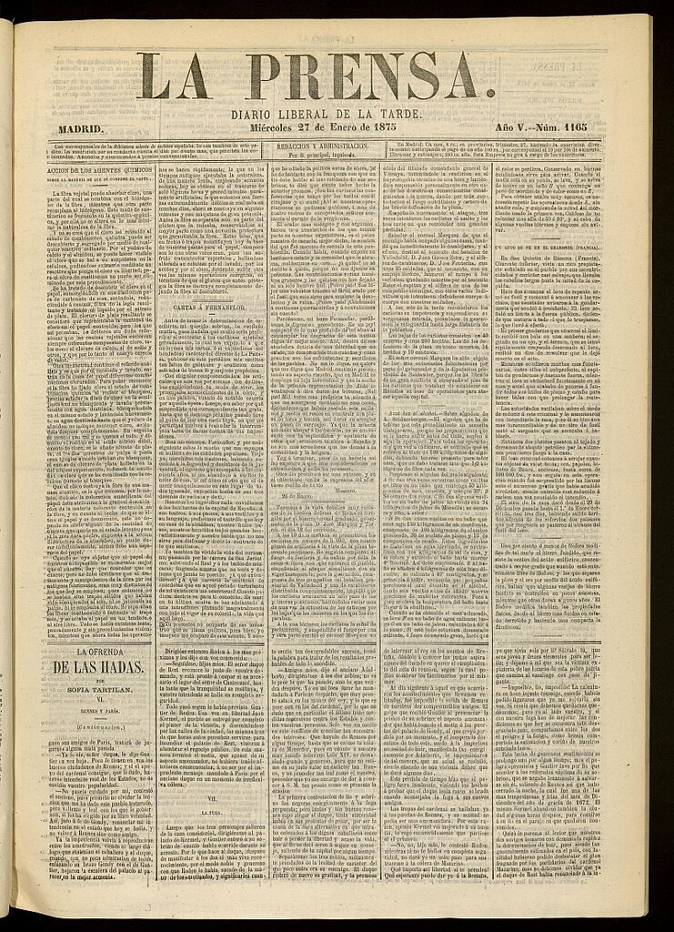 Miniatura de La Prensa : diario de la mañana : político, literario y de noticias del 27 de enero de 1875, nº 1165