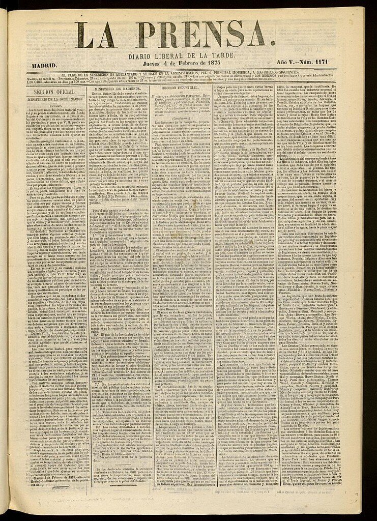 Miniatura de La Prensa : diario de la mañana : político, literario y de noticias del 4 de febrero de 1875, nº 1171