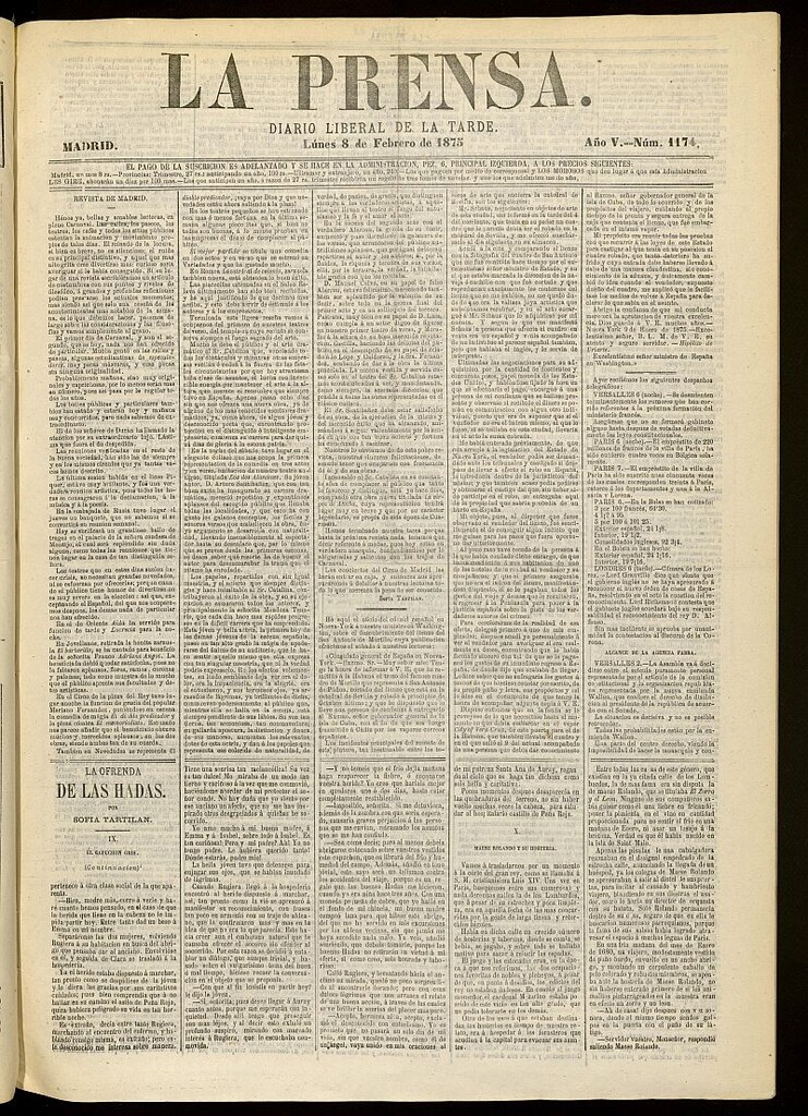 Miniatura de La Prensa : diario de la mañana : político, literario y de noticias del 8 de febrero de 1875, nº 1174