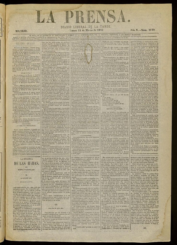 Miniatura de La Prensa : diario de la mañana : político, literario y de noticias del 15 de marzo de 1875, nº 1179