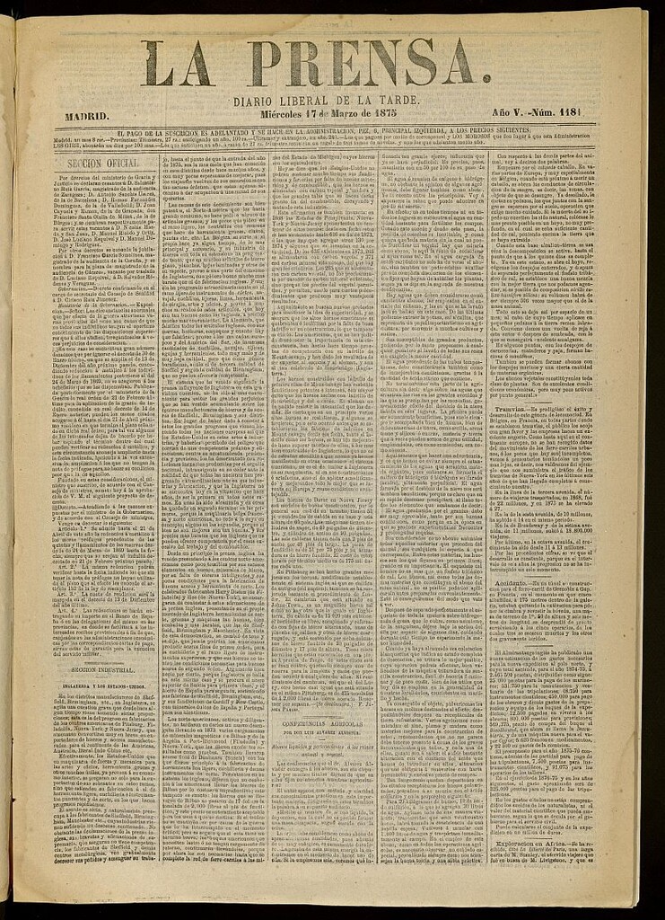 Miniatura de La Prensa : diario de la mañana : político, literario y de noticias del 17 de marzo de 1875, nº 1181