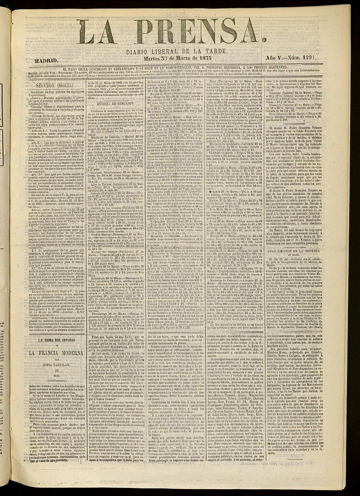 Miniatura de La Prensa : diario de la mañana : político, literario y de noticias del 30 de marzo de 1875, nº 1191