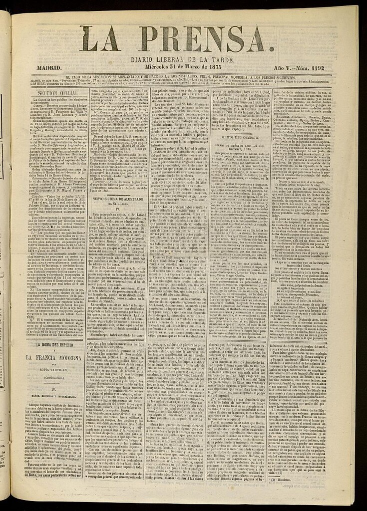 Miniatura de La Prensa : diario de la mañana : político, literario y de noticias del 31 de marzo de 1875, nº 1192
