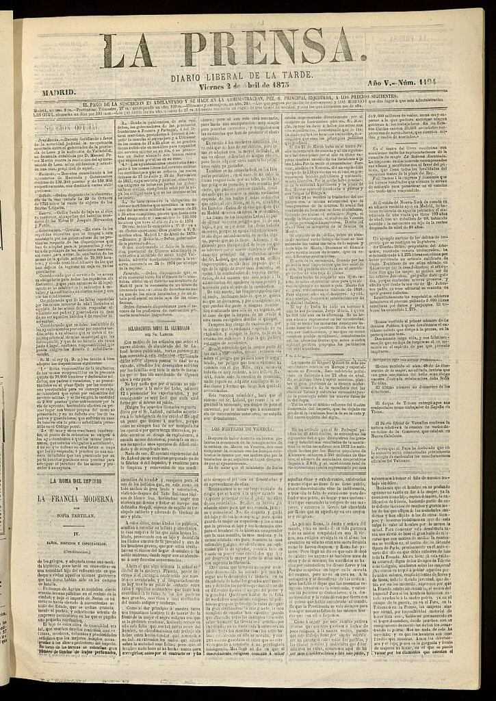 Miniatura de La Prensa : diario de la mañana : político, literario y de noticias del 2 de abril de 1875, nº 1194