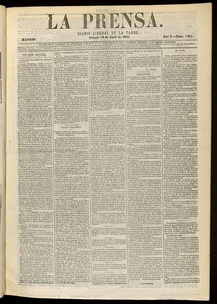 Miniatura de La Prensa : diario de la mañana : político, literario y de noticias del 10 de abril de 1875, nº 1201