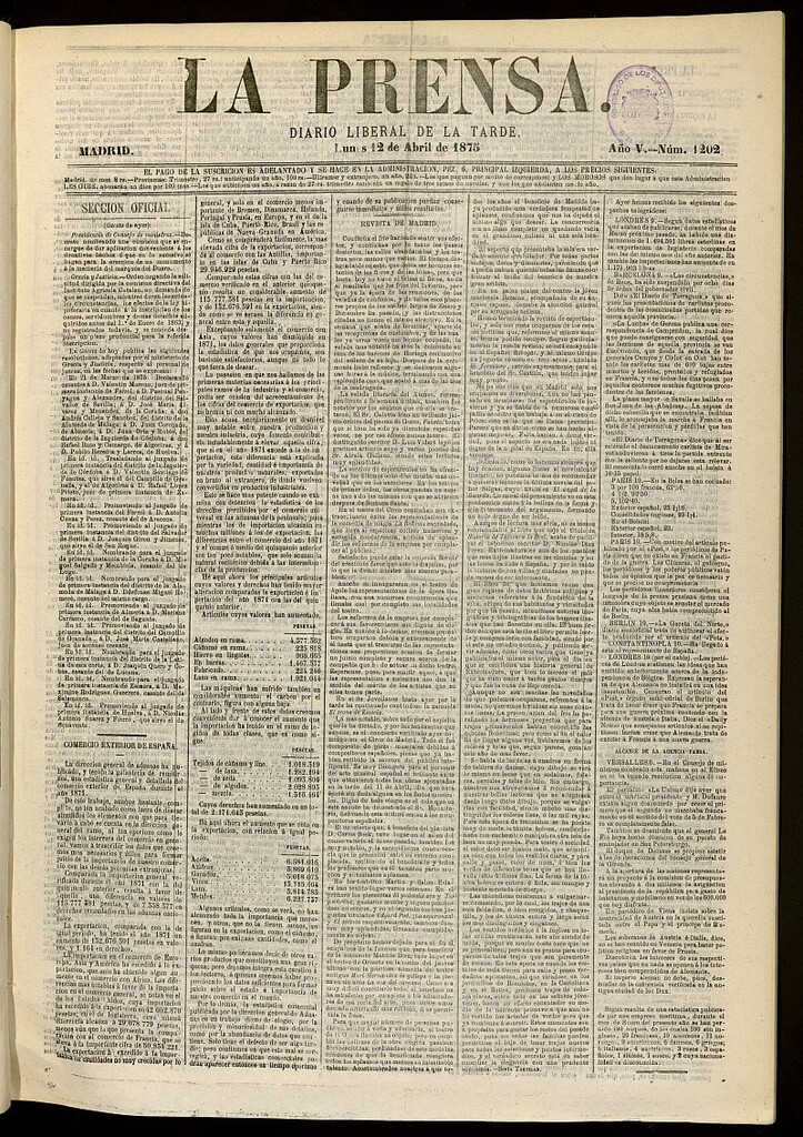 Miniatura de La Prensa : diario de la mañana : político, literario y de noticias del 12 de abril de 1875, nº 1202