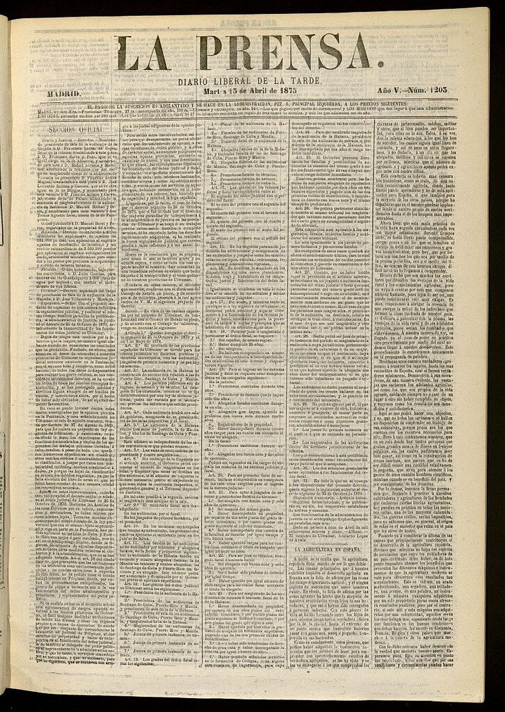 Miniatura de La Prensa : diario de la mañana : político, literario y de noticias del 13 de abril de 1875, nº 1203