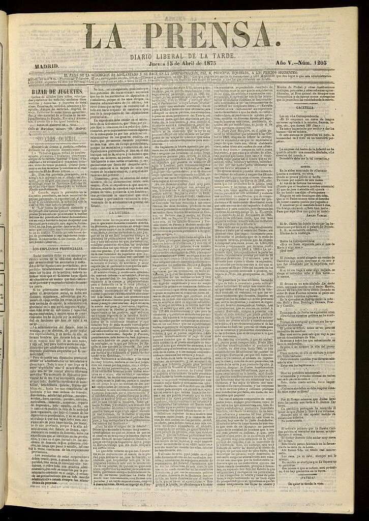 Miniatura de La Prensa : diario de la mañana : político, literario y de noticias del 15 de abril de 1875, nº 1205