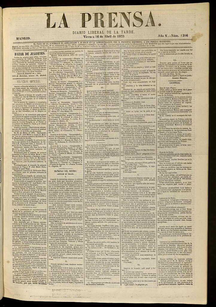 Miniatura de La Prensa : diario de la mañana : político, literario y de noticias del 16 de abril de 1875, nº 1206