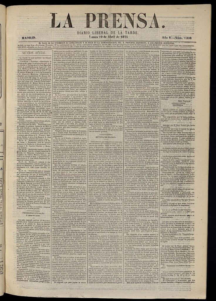 Miniatura de La Prensa : diario de la mañana : político, literario y de noticias del 19 de abril de 1875, nº 1208