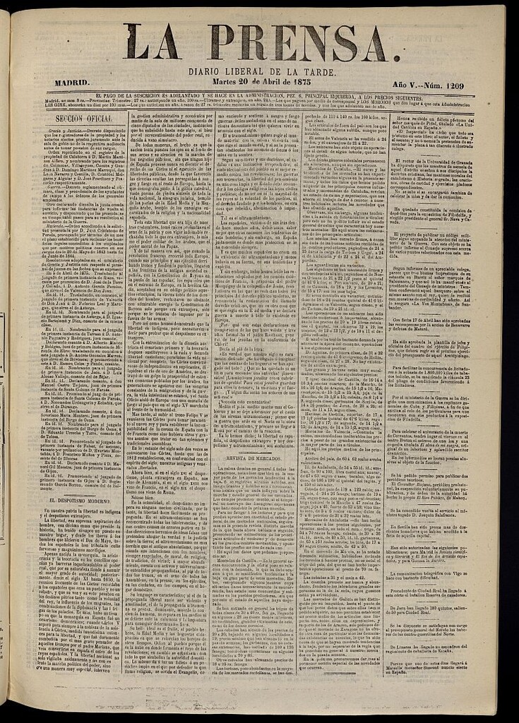 Miniatura de La Prensa : diario de la mañana : político, literario y de noticias del 20 de abril de 1875, nº 1209