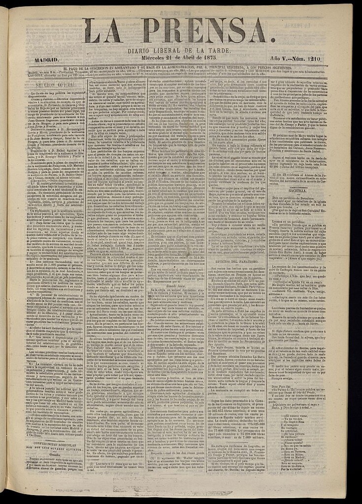 Miniatura de La Prensa : diario de la mañana : político, literario y de noticias del 21 de abril de 1875, nº 1210