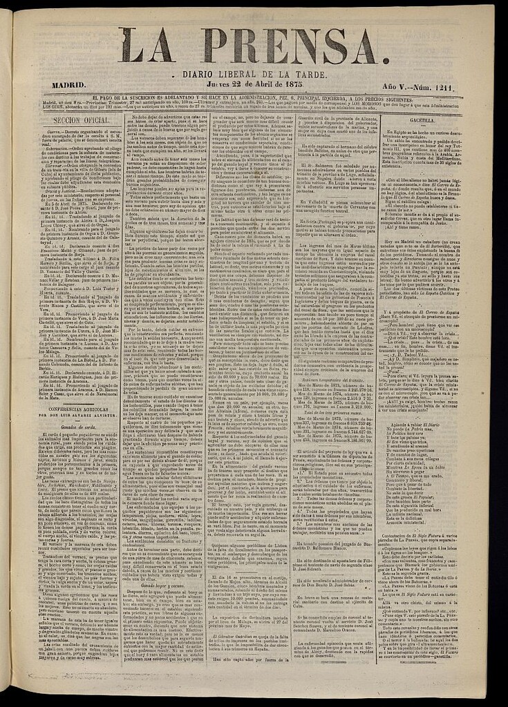 Miniatura de La Prensa : diario de la mañana : político, literario y de noticias del 22 de abril de 1875, nº 1211
