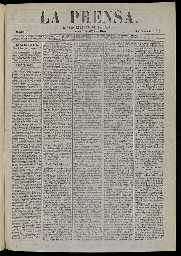 Miniatura de La Prensa : diario de la mañana : político, literario y de noticias del 3 de mayo de 1875, nº 1213