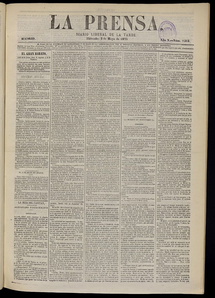 Miniatura de La Prensa : diario de la mañana : político, literario y de noticias del 5 de mayo de 1875, nº 1215