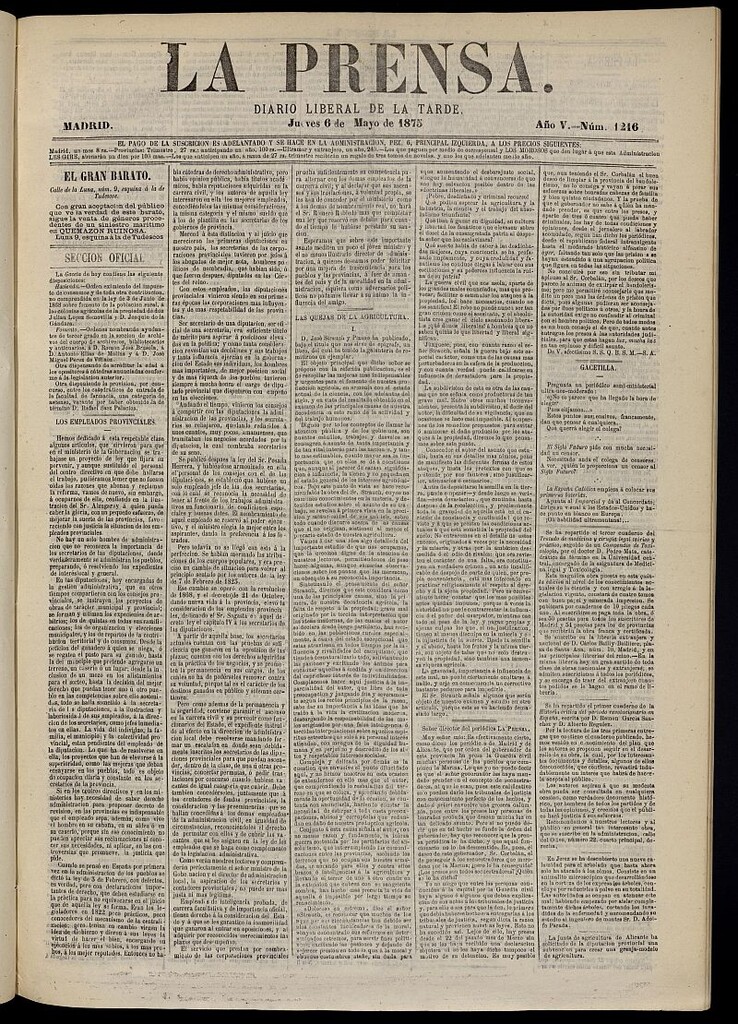 Miniatura de La Prensa : diario de la mañana : político, literario y de noticias del 6 de mayo de 1875, nº 1216