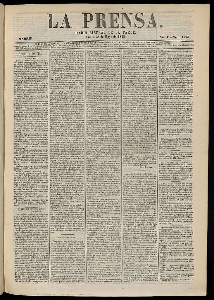 Miniatura de La Prensa : diario de la mañana : político, literario y de noticias del 24 de mayo de 1875, nº 1225