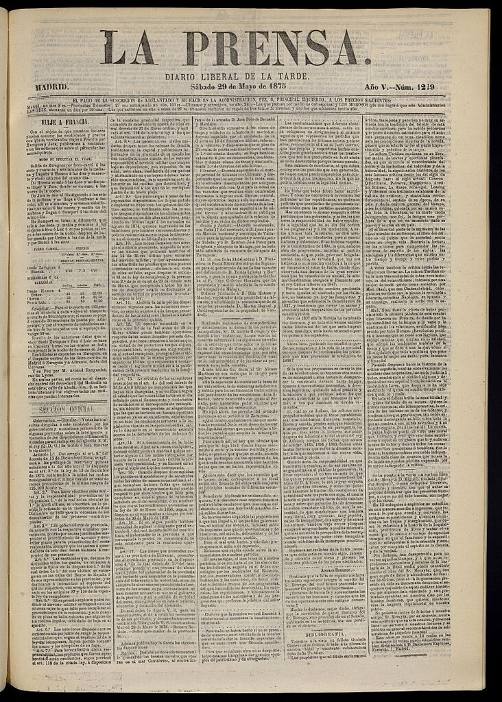Miniatura de La Prensa : diario de la mañana : político, literario y de noticias del 29 de mayo de 1875, nº 1229