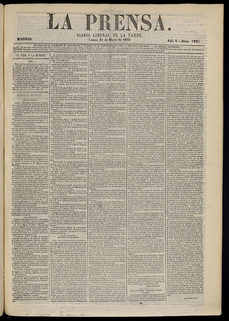 Miniatura de La Prensa : diario de la mañana : político, literario y de noticias del 31 de mayo de 1875, nº 1230