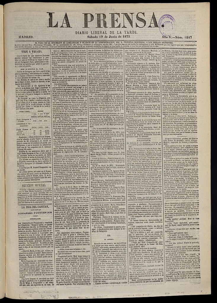 Miniatura de La Prensa : diario de la mañana : político, literario y de noticias del 19 de junio de 1875, nº 1247