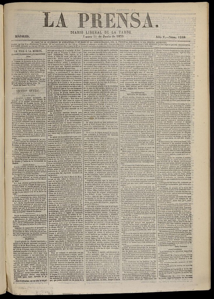 Miniatura de La Prensa : diario de la mañana : político, literario y de noticias del 21 de junio de 1875, nº 1248