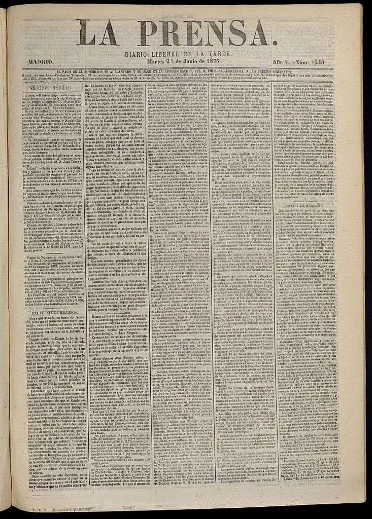 Miniatura de La Prensa : diario de la mañana : político, literario y de noticias del 22 de junio de 1875, nº 1249