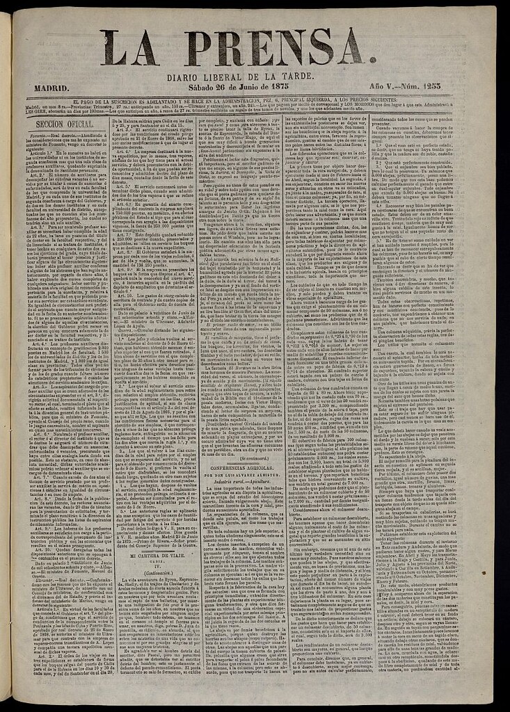 Miniatura de La Prensa : diario de la mañana : político, literario y de noticias del 26 de junio de 1875, nº 1253