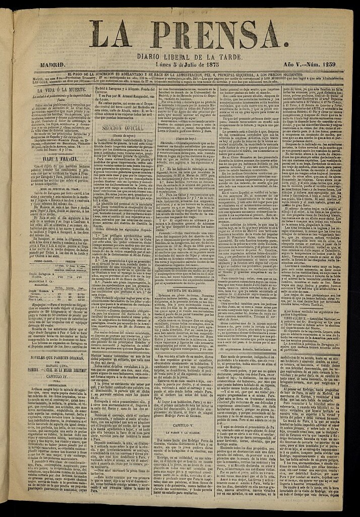 Miniatura de La Prensa : diario de la mañana : político, literario y de noticias del 5 de julio de 1875, nº 1259