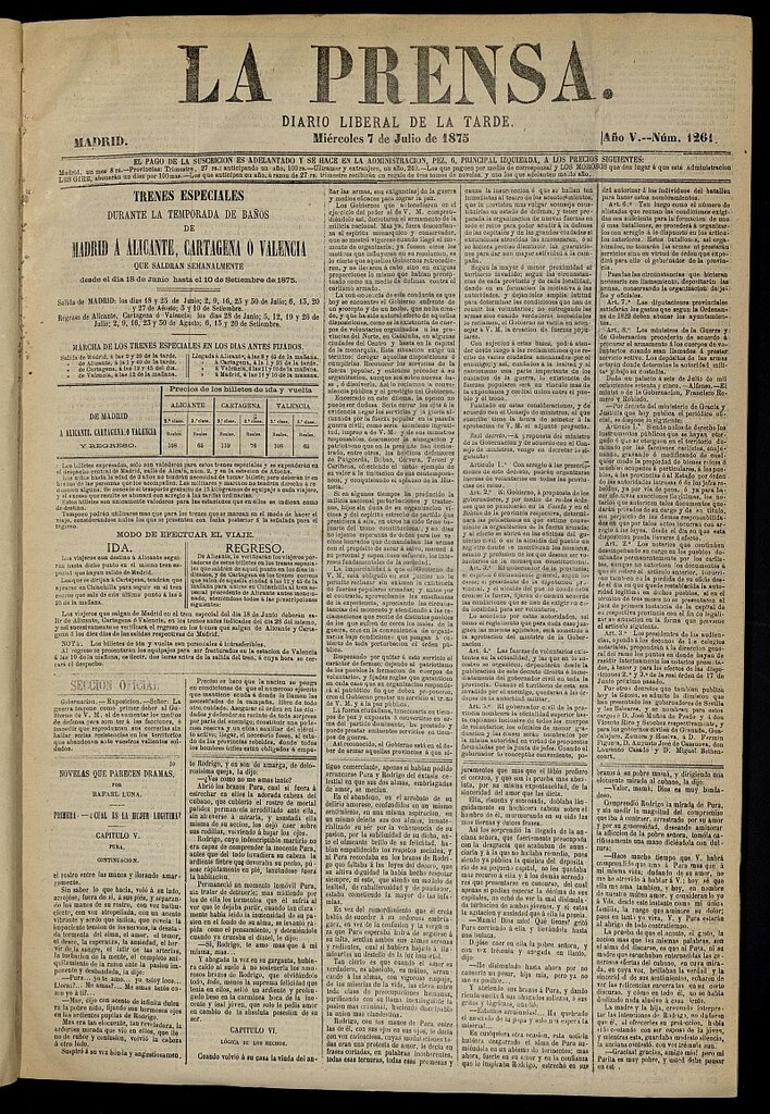 Miniatura de La Prensa : diario de la mañana : político, literario y de noticias del 7 de julio de 1875, nº 1261