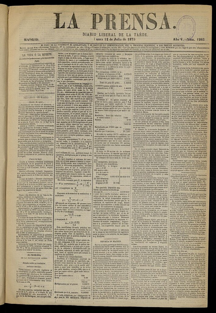 Miniatura de La Prensa : diario de la mañana : político, literario y de noticias del 12 de julio de 1875, nº 1265