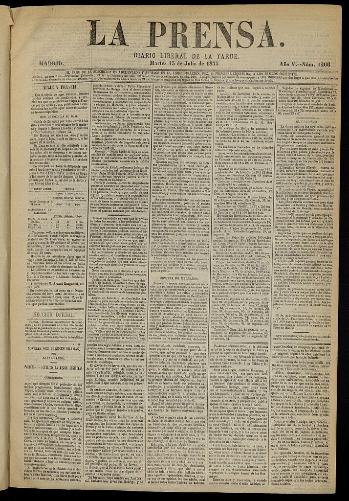 Miniatura de La Prensa : diario de la mañana : político, literario y de noticias del 13 de julio de 1875, nº 1266
