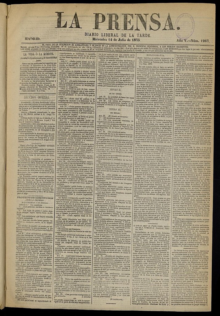 Miniatura de La Prensa : diario de la mañana : político, literario y de noticias del 14 de julio de 1875, nº 1267