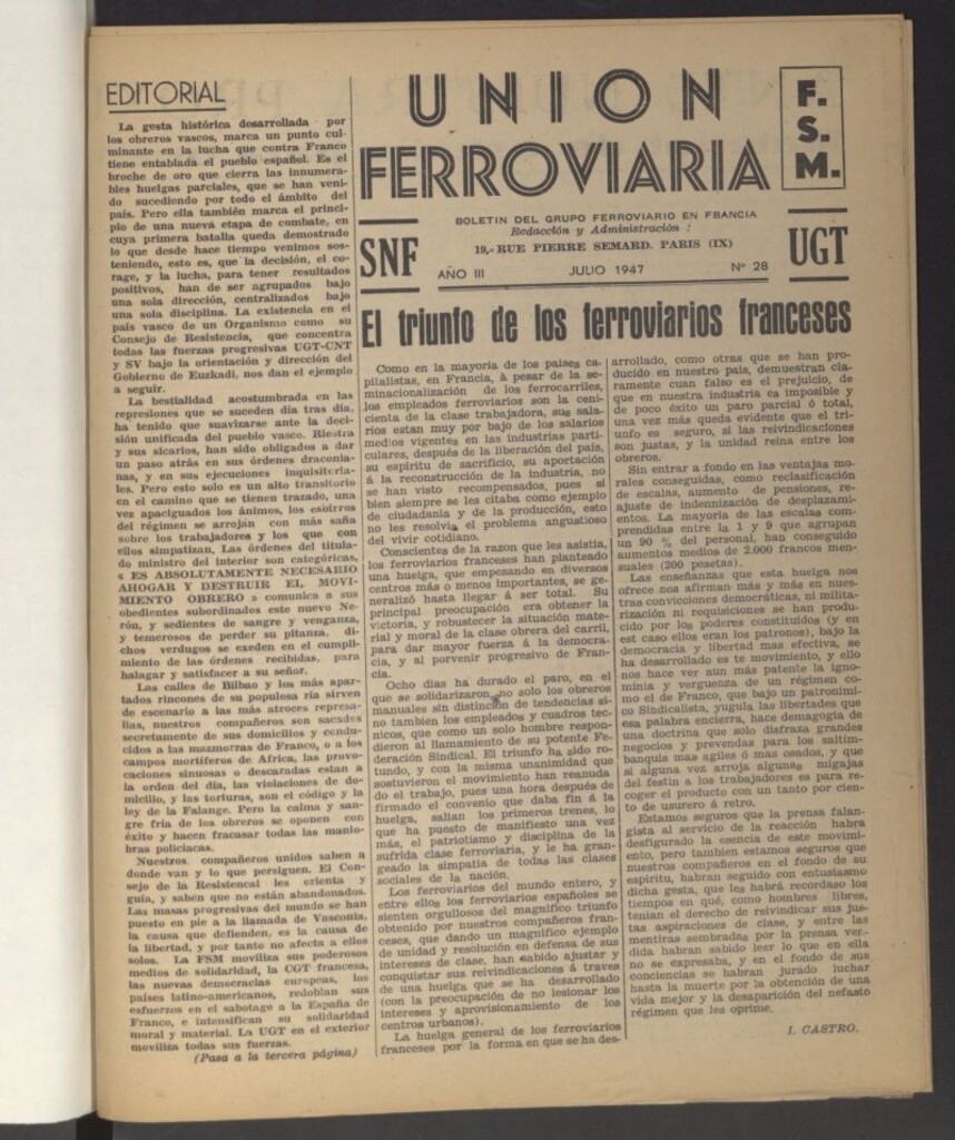 Miniatura de Unión Ferroviaria : Boletín del Grupo Ferroviario en Francia. Julio 1947