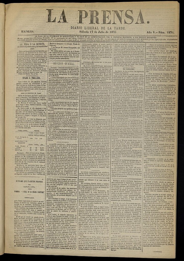 Miniatura de La Prensa : diario de la mañana : político, literario y de noticias del 17 de julio de 1875, nº 1270