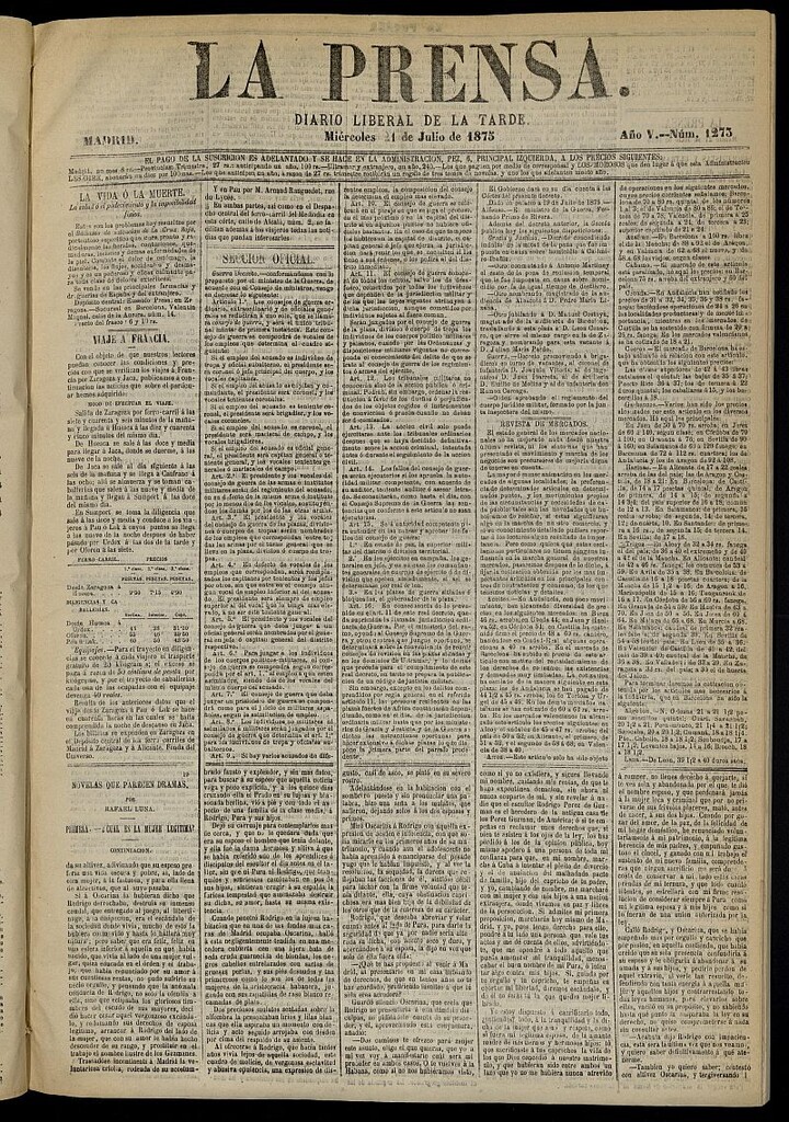 Miniatura de La Prensa : diario de la mañana : político, literario y de noticias del 21 de julio de 1875, nº 1273