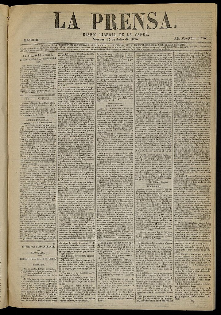 Miniatura de La Prensa : diario de la mañana : político, literario y de noticias del 23 de julio de 1875, nº 1275
