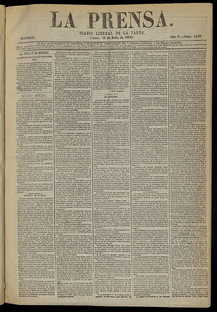 Miniatura de La Prensa : diario de la mañana : político, literario y de noticias del 26 de julio de 1875, nº 1259